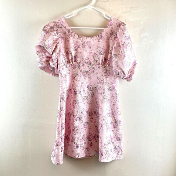 Hyacinth House Tuckernuck Pink Jacquard Empire Ella Mini Dress Sz M? Puff Sleeve - Picture 1 of 14